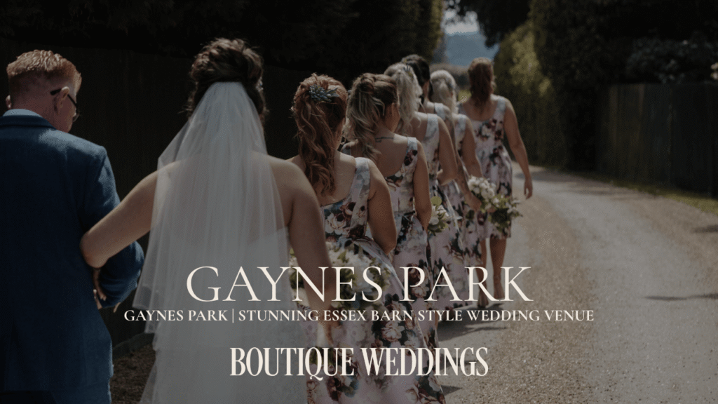 Professional Gaynes Park wedding photography; outdoor wedding ceremony Essex; bride and bridesmaids walking away; Scott Miller Experience venue guide.