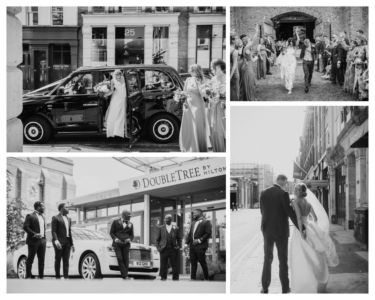 A black and white wedding photo collage featuring full-length images from various London weddings; including iconic city streets, skyline views, and intimate urban moments.