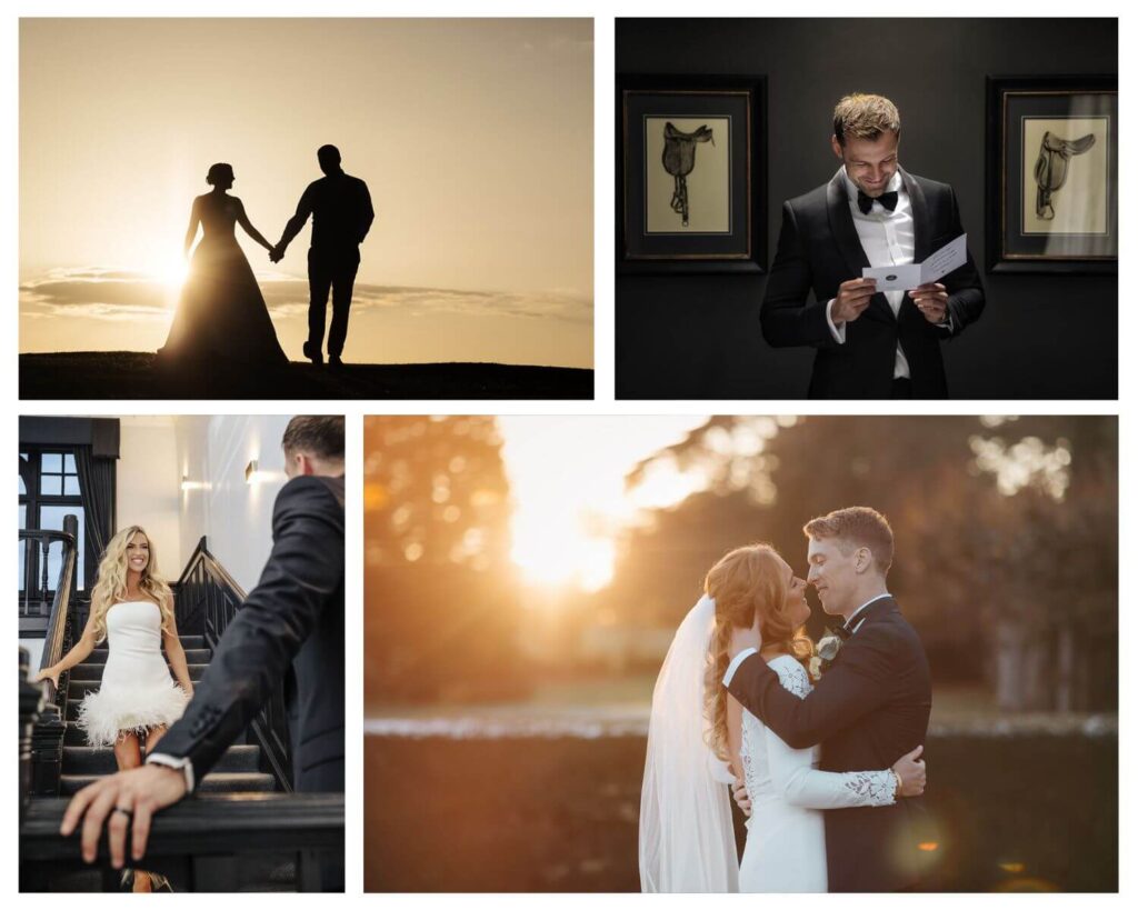 A wedding collage featuring an emotional groom reading a letter from his bride, a sunset kiss, and a bride in her second dress walking down the stairs to meet her groom.