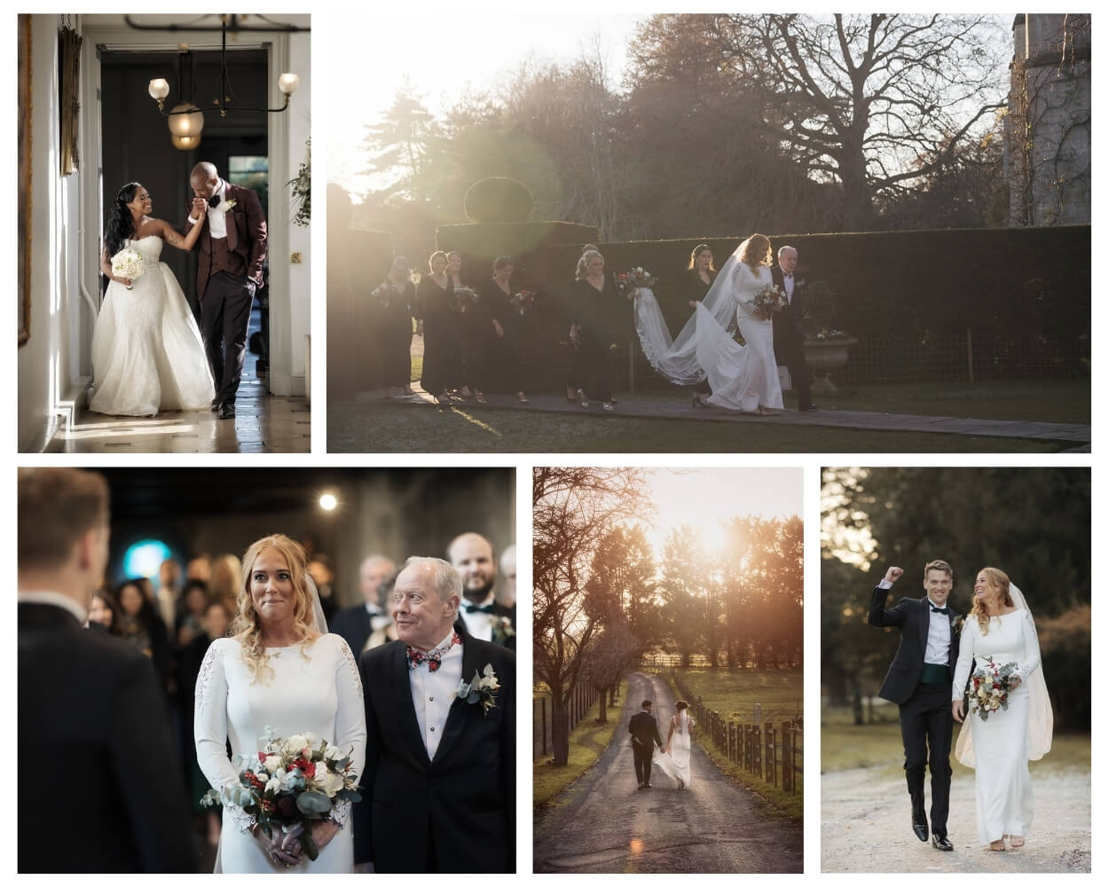 Relaxed editorial Essex wedding photography; stunning homepage portfolio collage featuring five modern wedding images; luxury documentary style wedding photographer Essex; Boutique Weddings portfolio.