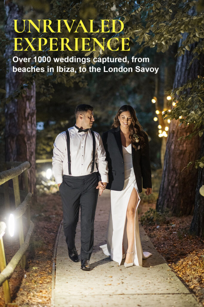 A bride wearing her groom’s jacket as they walk together in the evening, with text overlay: "Unrivaled experience over 1,000 weddings captured from beaches in Ibiza to London Ritz and the Savoy."